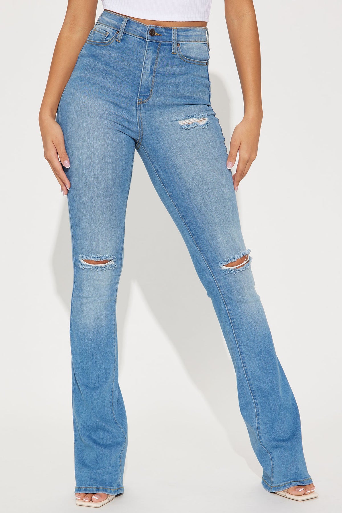 Tall Luxurious Distressed Super Stretch Flare Jeans - Medium Blue Wash