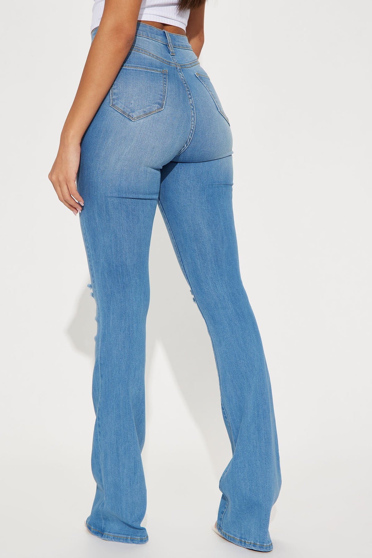 Tall Luxurious Distressed Super Stretch Flare Jeans - Medium Blue Wash