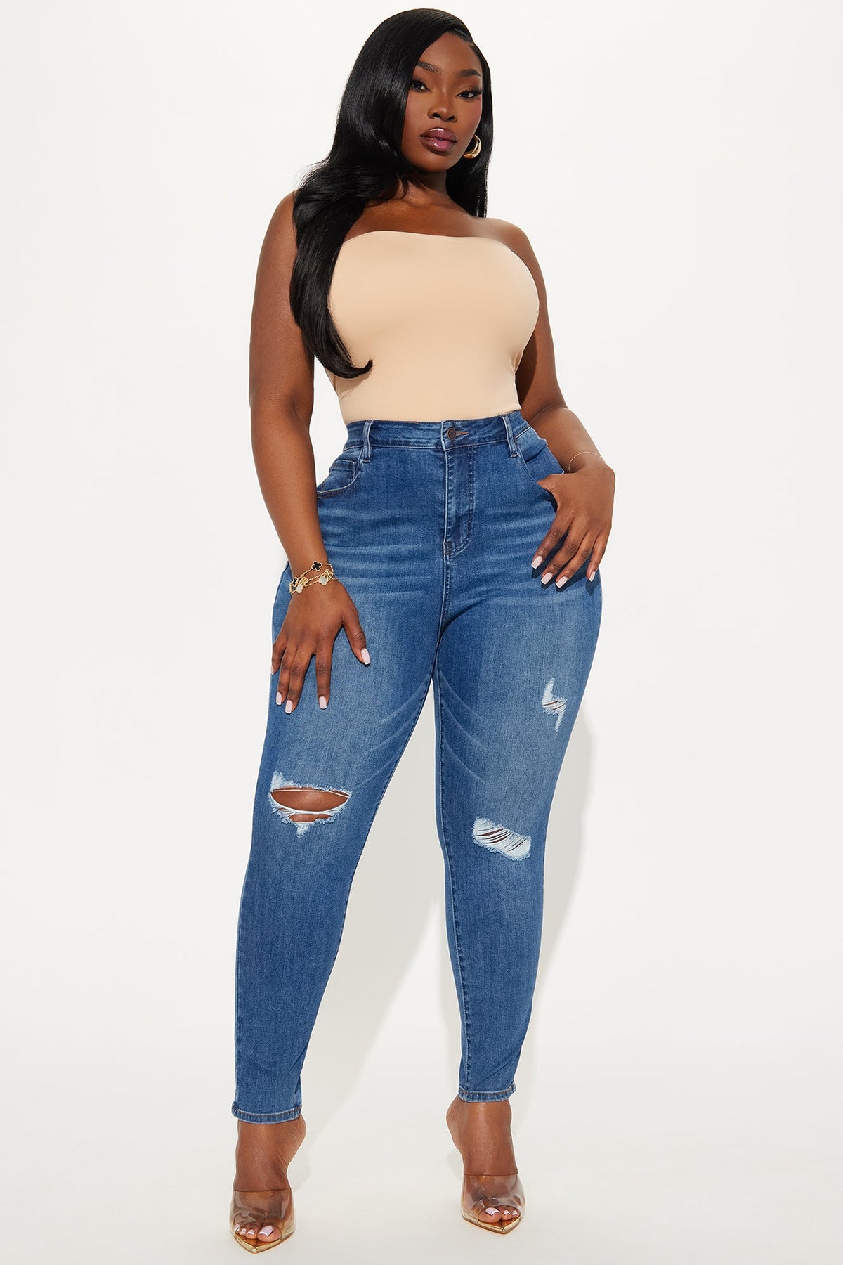 Higher Frequency Stretch Ripped Skinny Jeans - Medium Wash