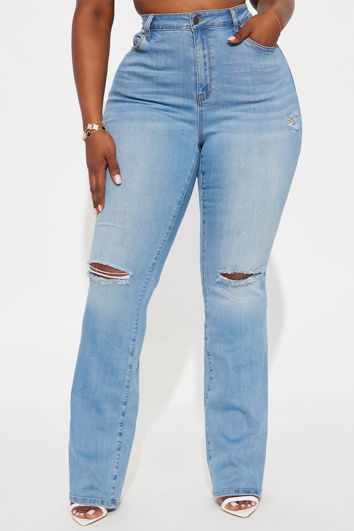 Tall Luxurious Distressed Super Stretch Flare Jeans - Medium Blue Wash