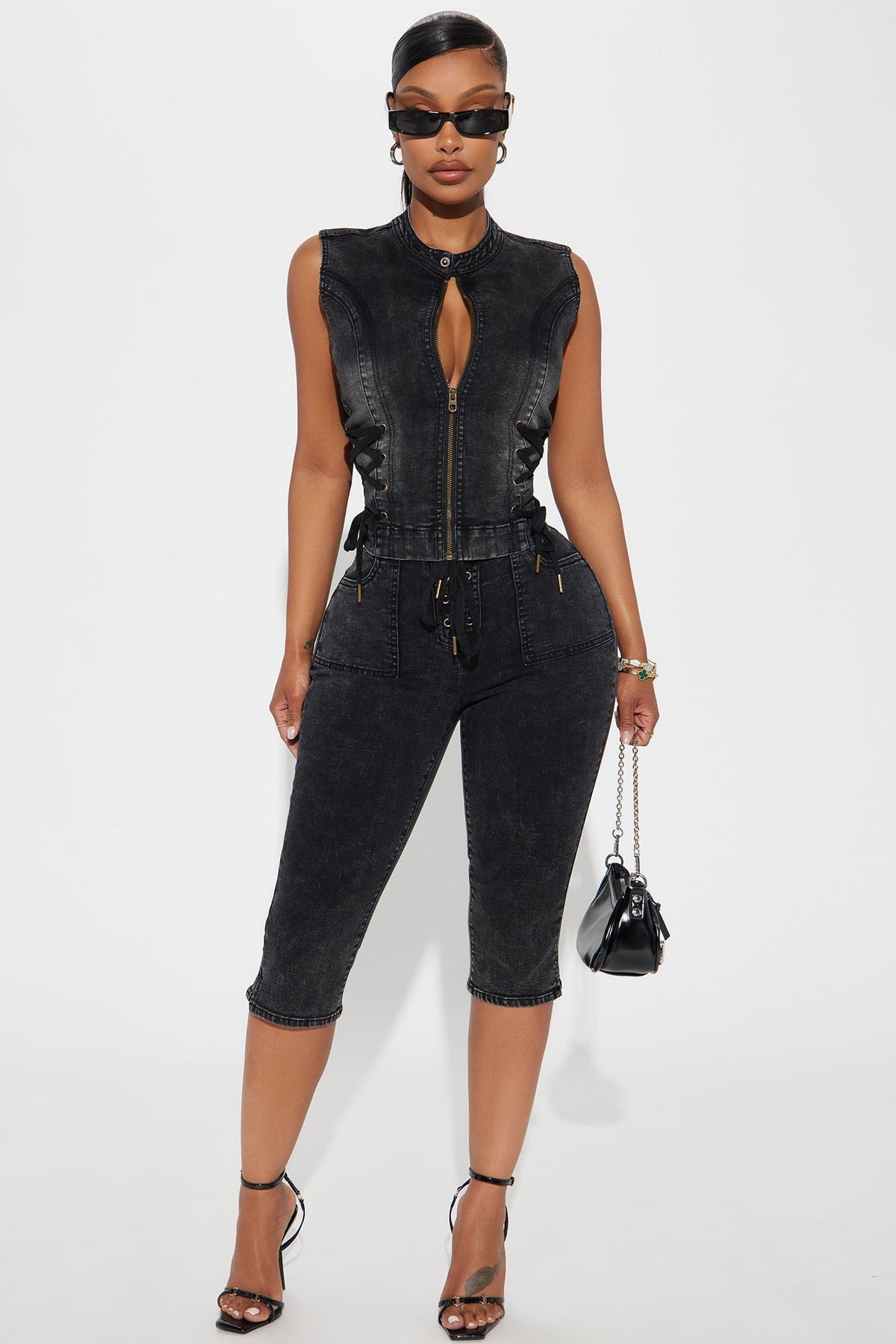 Leveled Up Lace Up Stretch Denim Capris - Black Wash