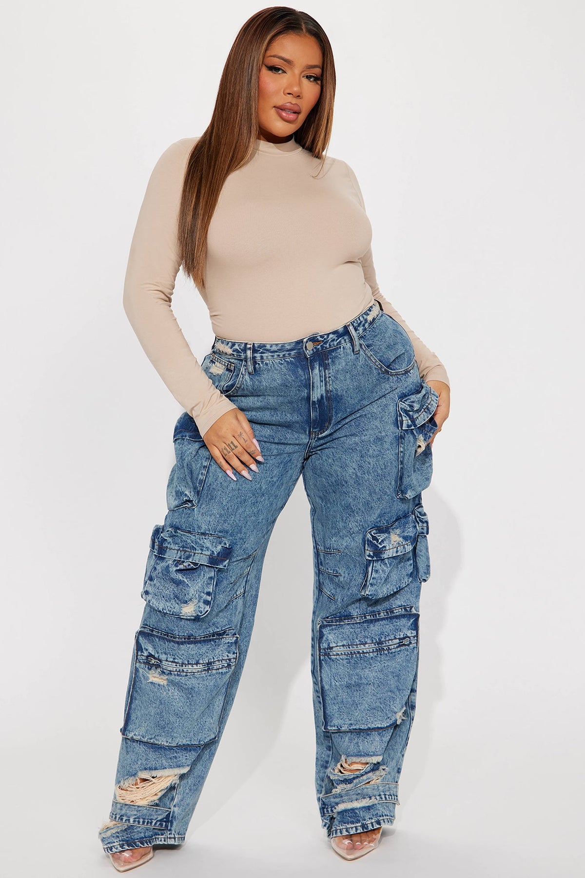 Nikki Non Stretch Acid Wash Cargo Jeans - Medium Wash