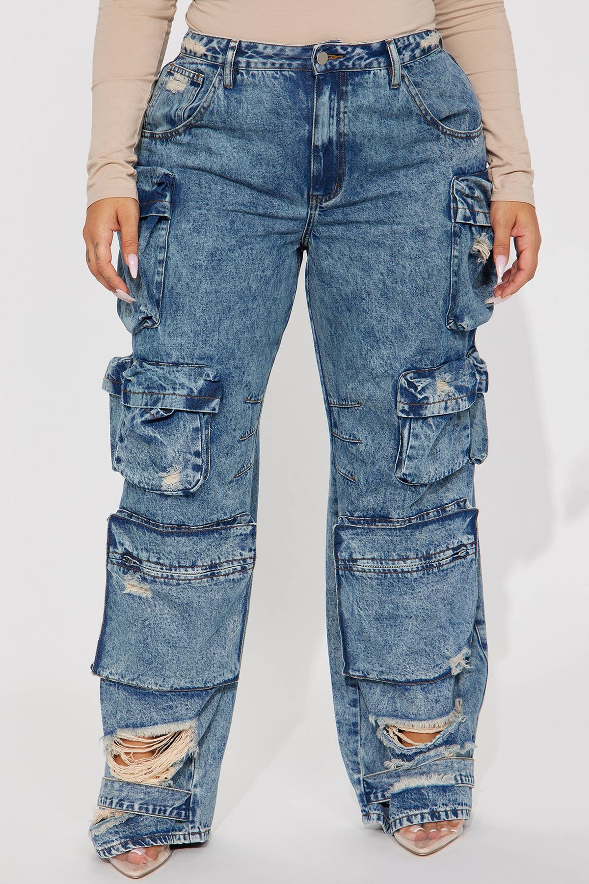 Nikki Non Stretch Acid Wash Cargo Jeans - Medium Wash