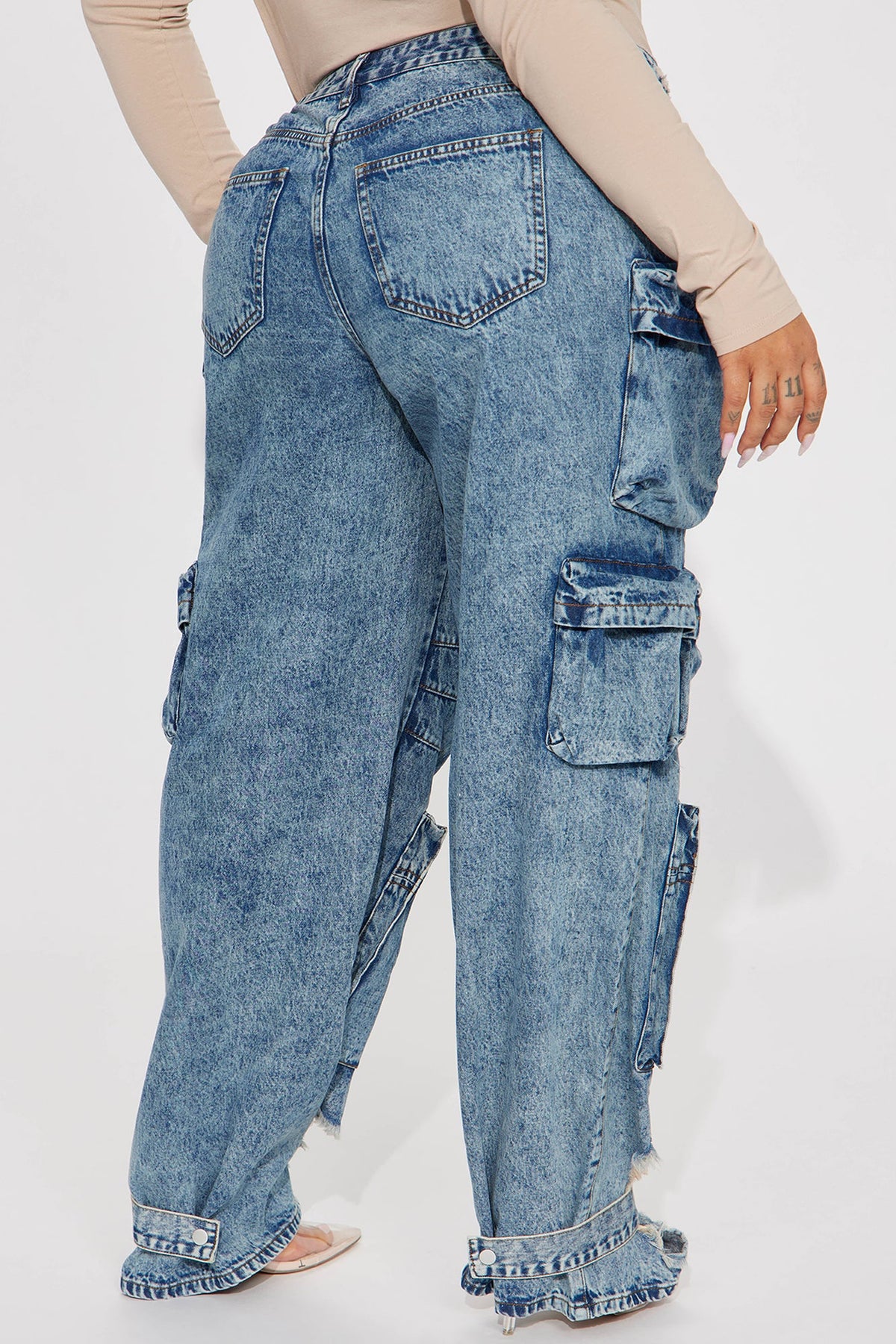 Nikki Non Stretch Acid Wash Cargo Jeans - Medium Wash