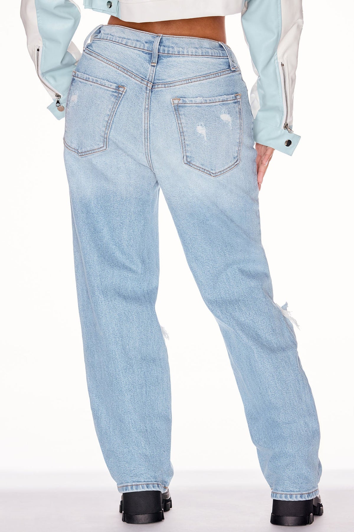 Petite As You Please Ripped Straight Leg Jeans - Light Blue Wash