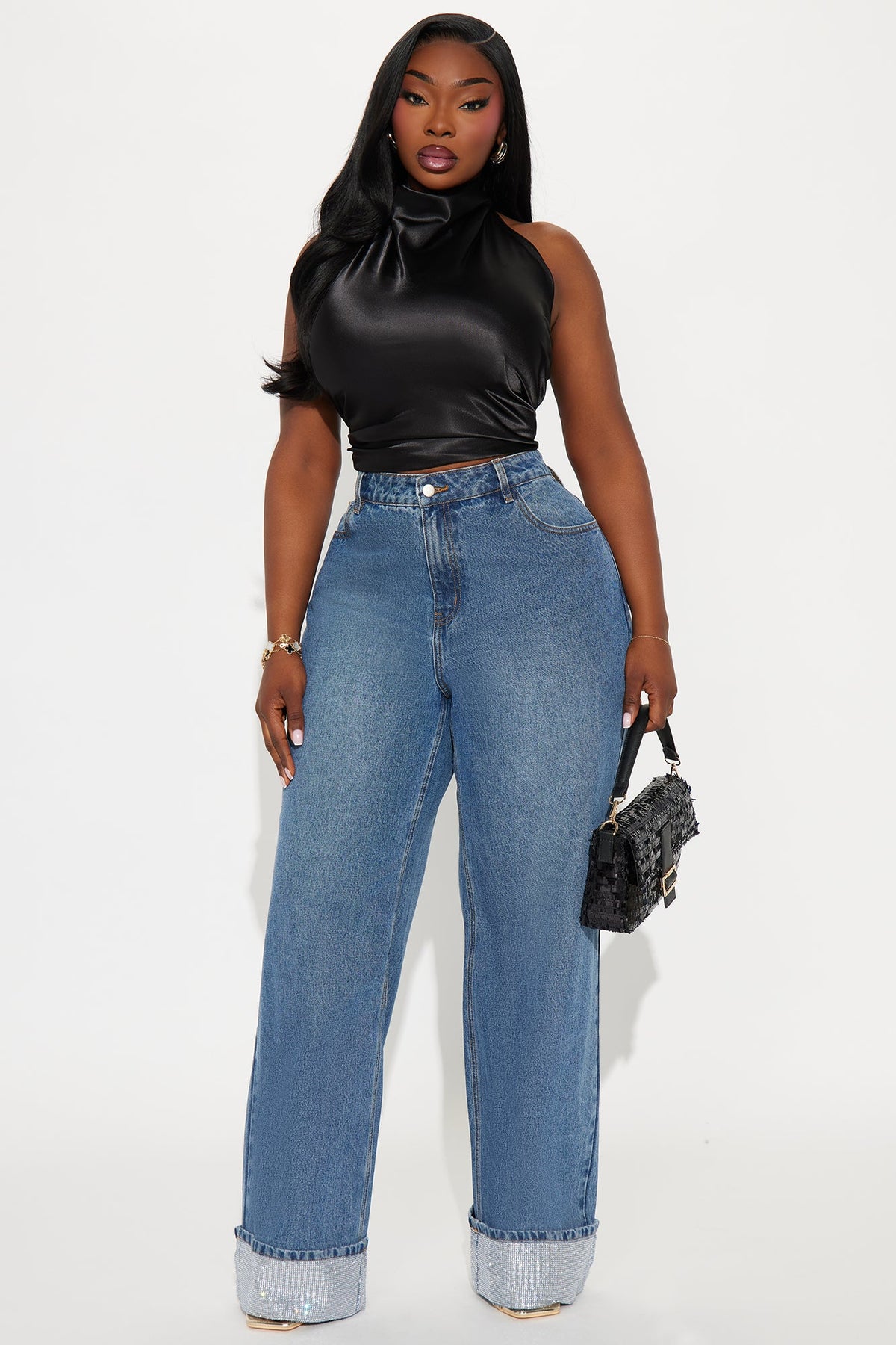 Influential Sparkle Baggy Straight Leg Jeans - Medium Wash