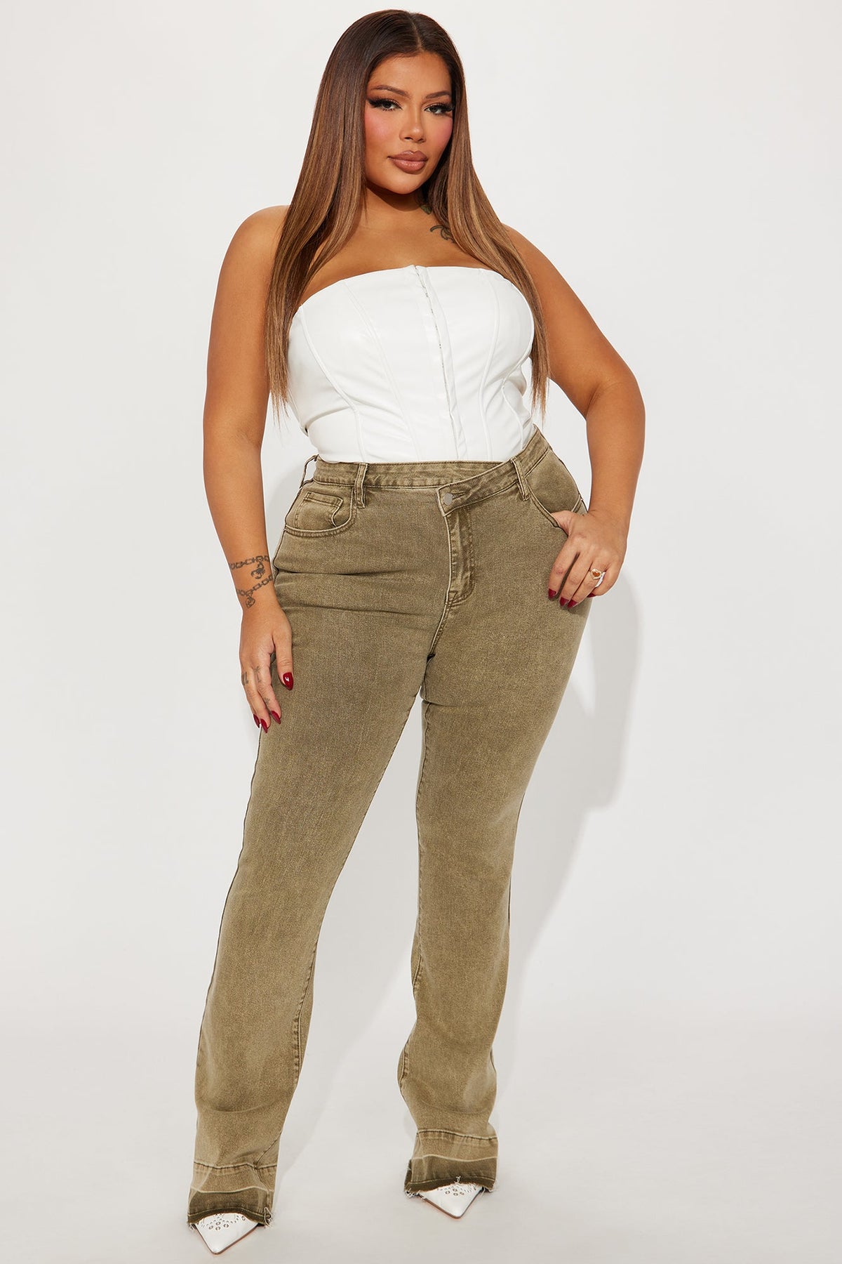 Verdant High Rise Stretch Flare Jeans - Olive