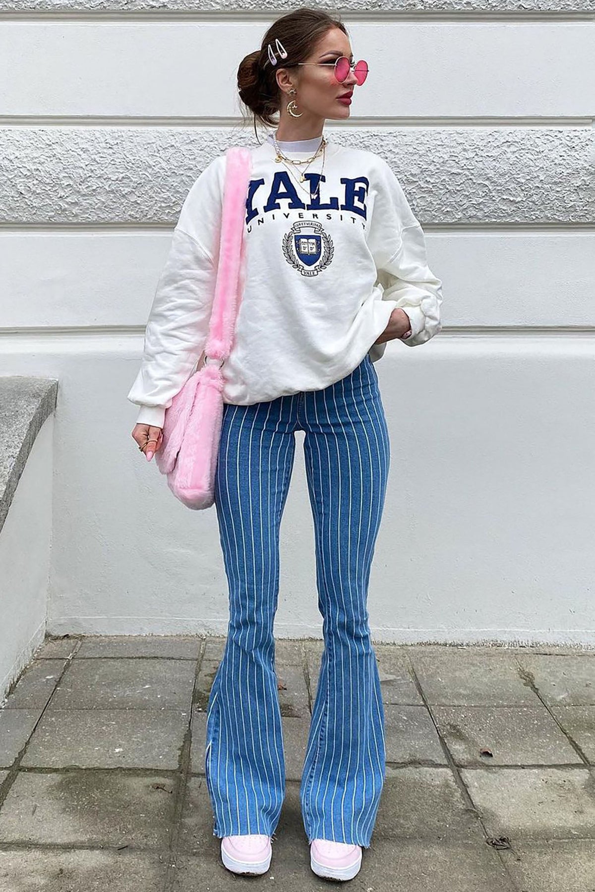 Crossed The Line Striped Flare Jeans - Light Blue Wash