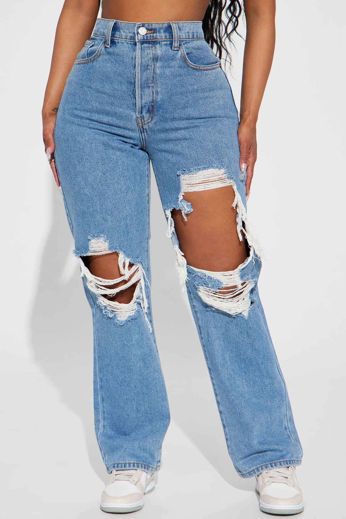 Drive You Crazy Ripped Non Stretch Straight Leg Jeans - Medium Wash