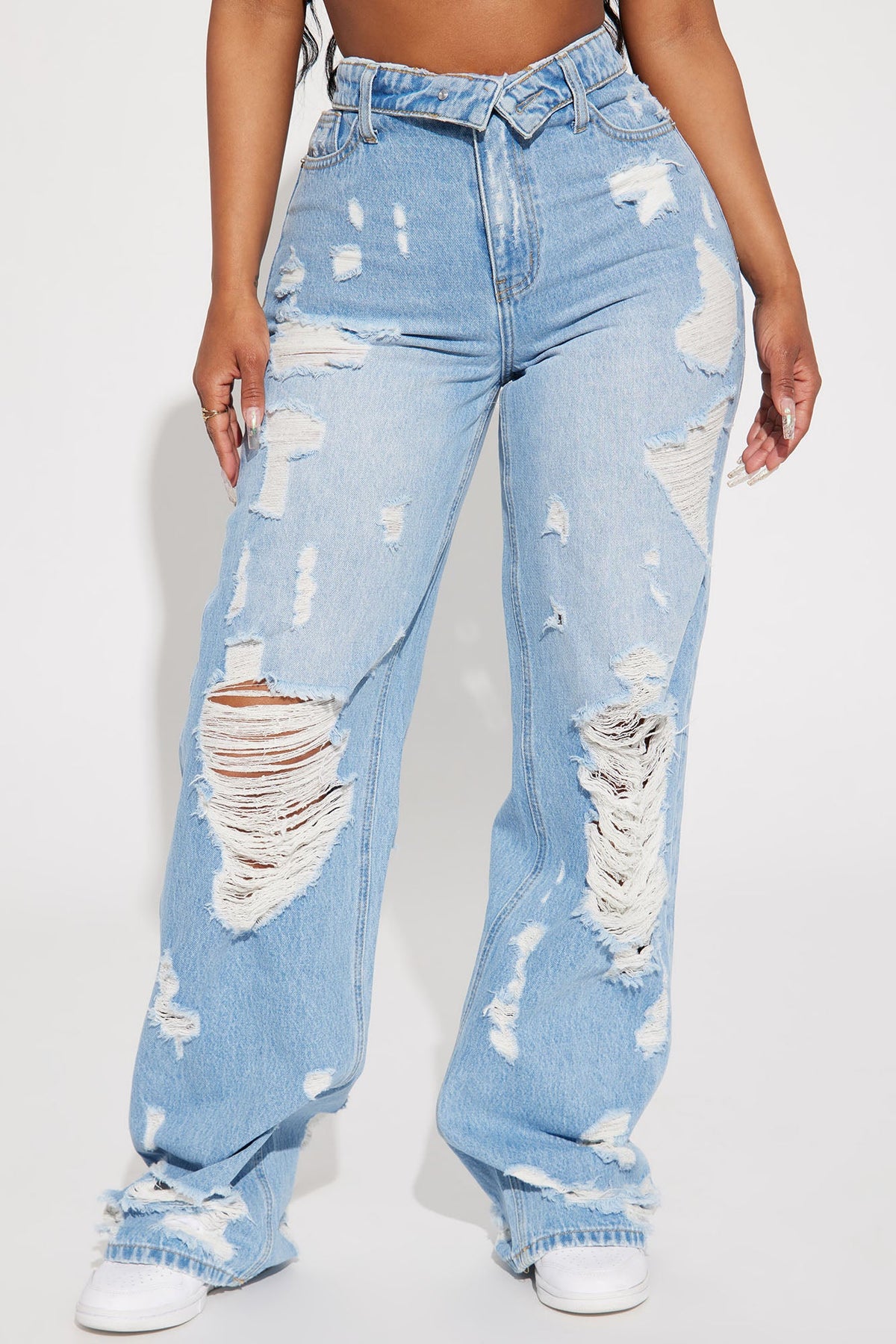 Summer Fling Destroyed Foldover Baggy Jean - Light Wash