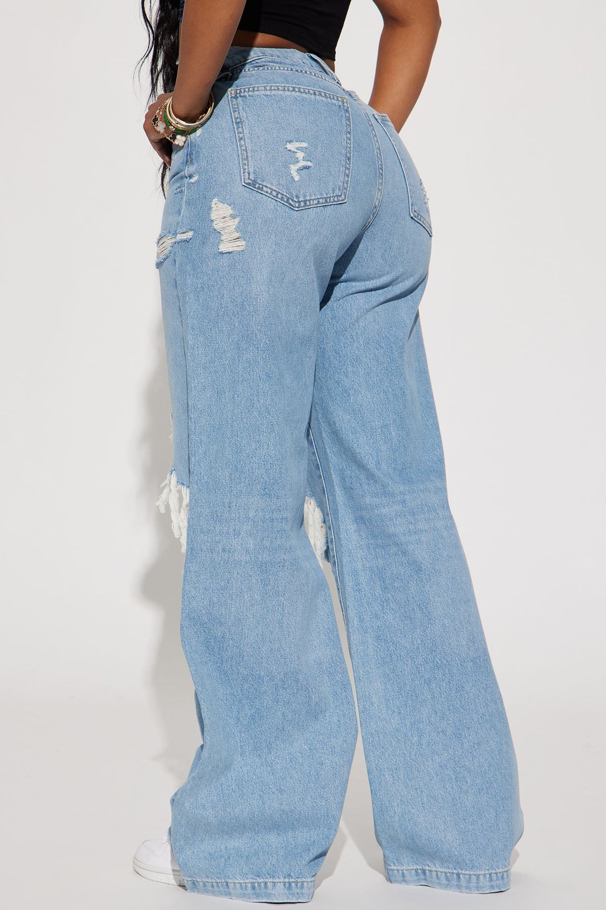 Not A Chance Ripped Non Stretch Wide Leg Jeans - Light Wash