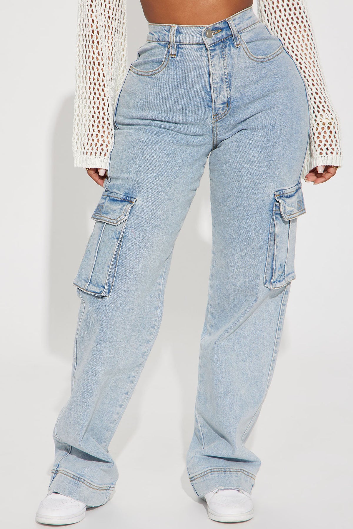 Just A Fling Stretch Straight Leg Cargo Jean - Light Wash