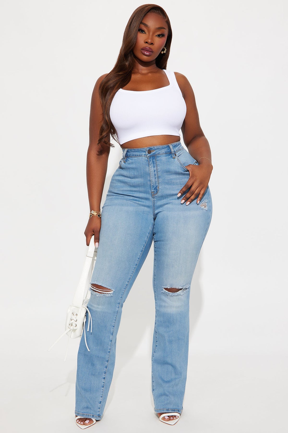 Tall Luxurious Distressed Super Stretch Flare Jeans - Medium Blue Wash