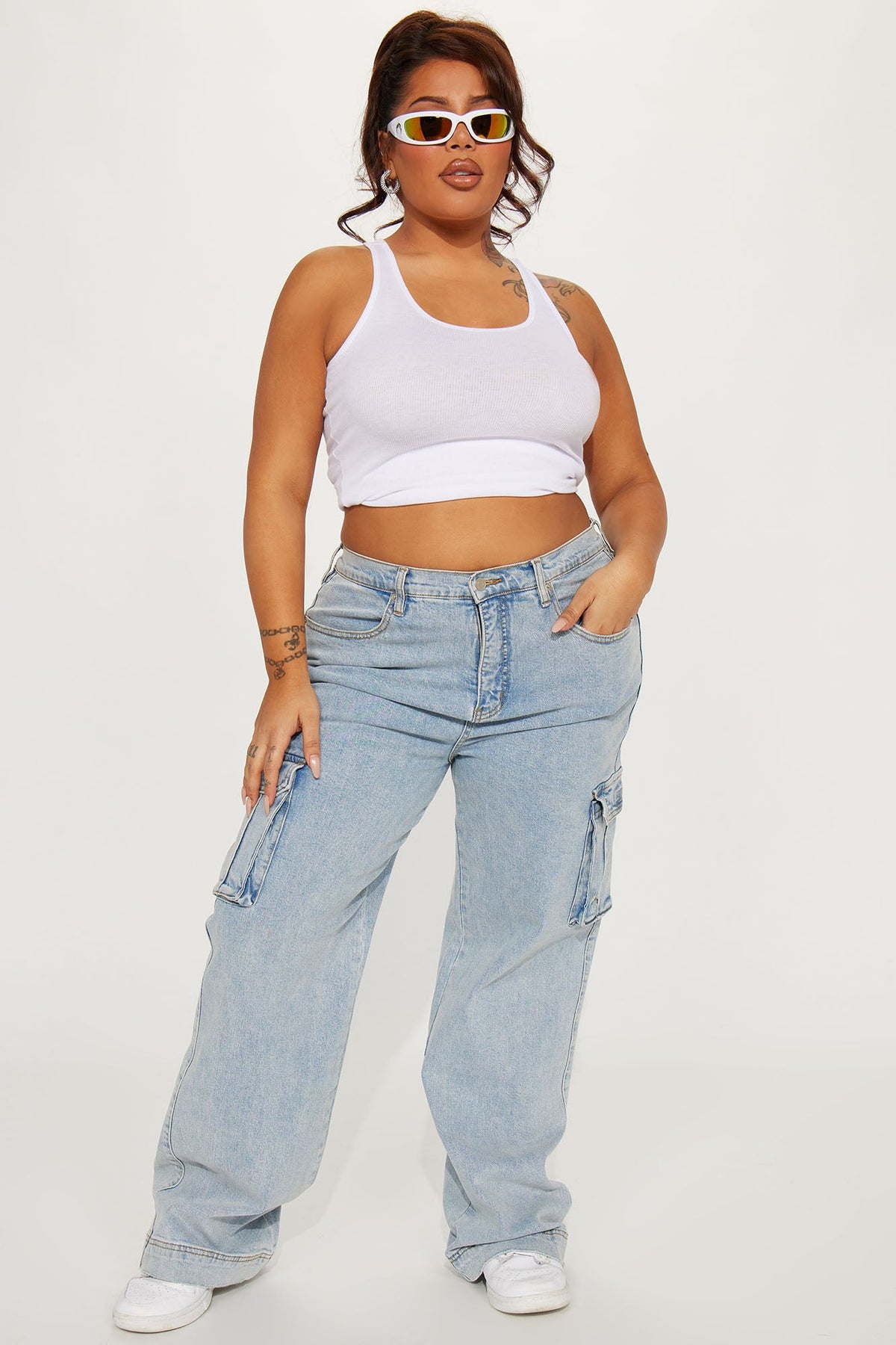 Just A Fling Stretch Straight Leg Cargo Jean - Light Wash