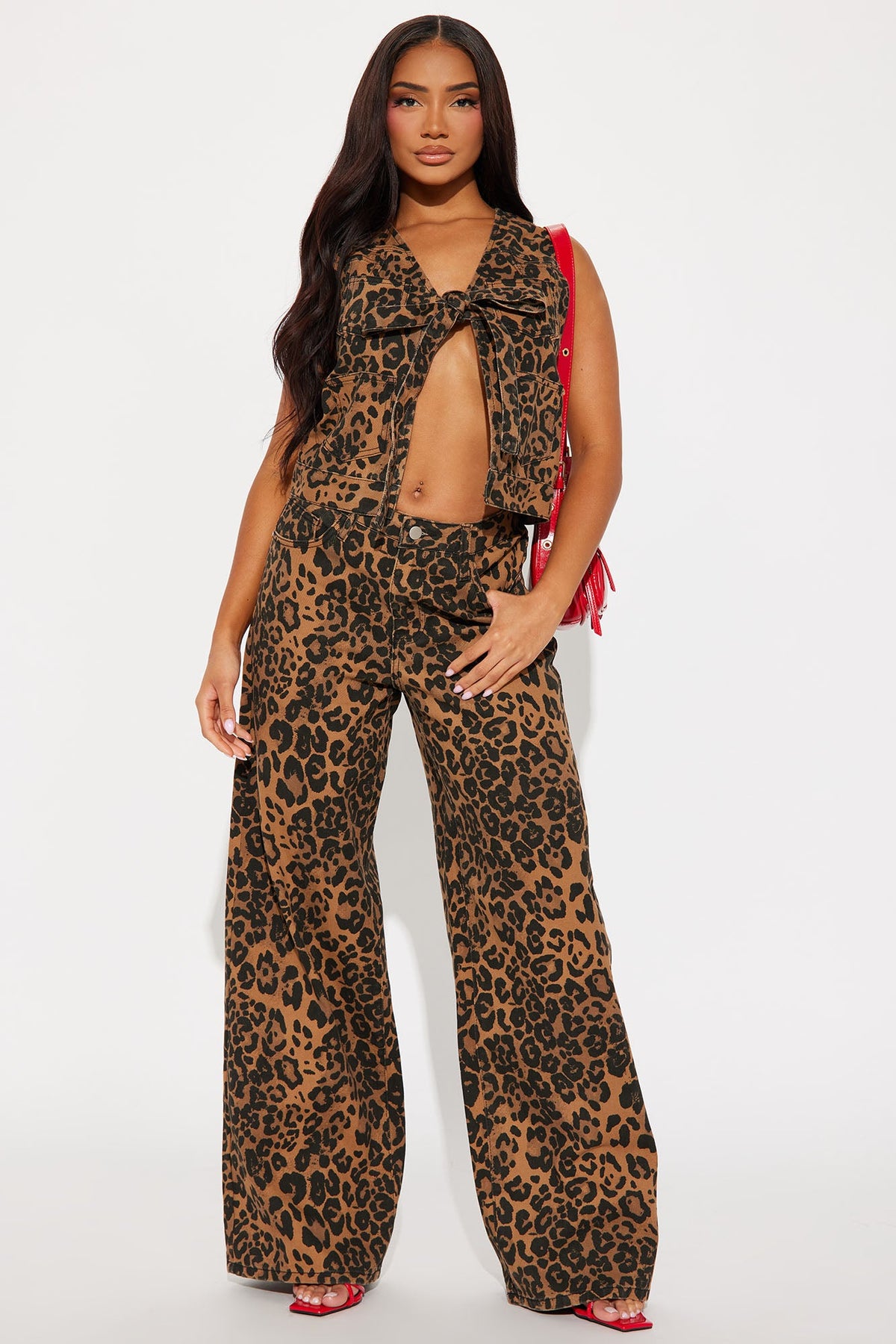 She's A Wild One Leopard Print Wide Leg Jeans - Brown Combo