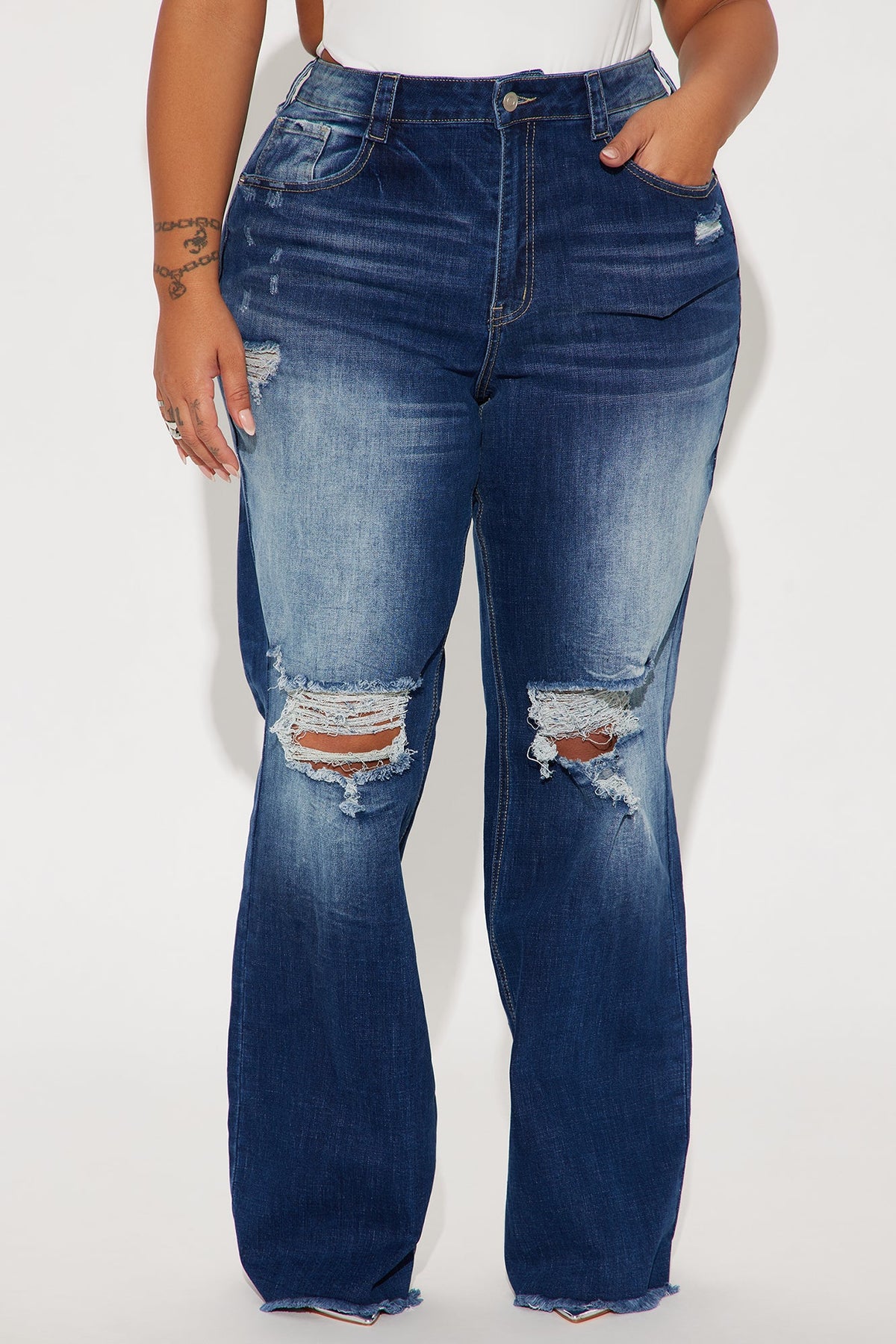 Coldwater Canyon Stretch Ripped Wide Leg Jeans - Dark Wash
