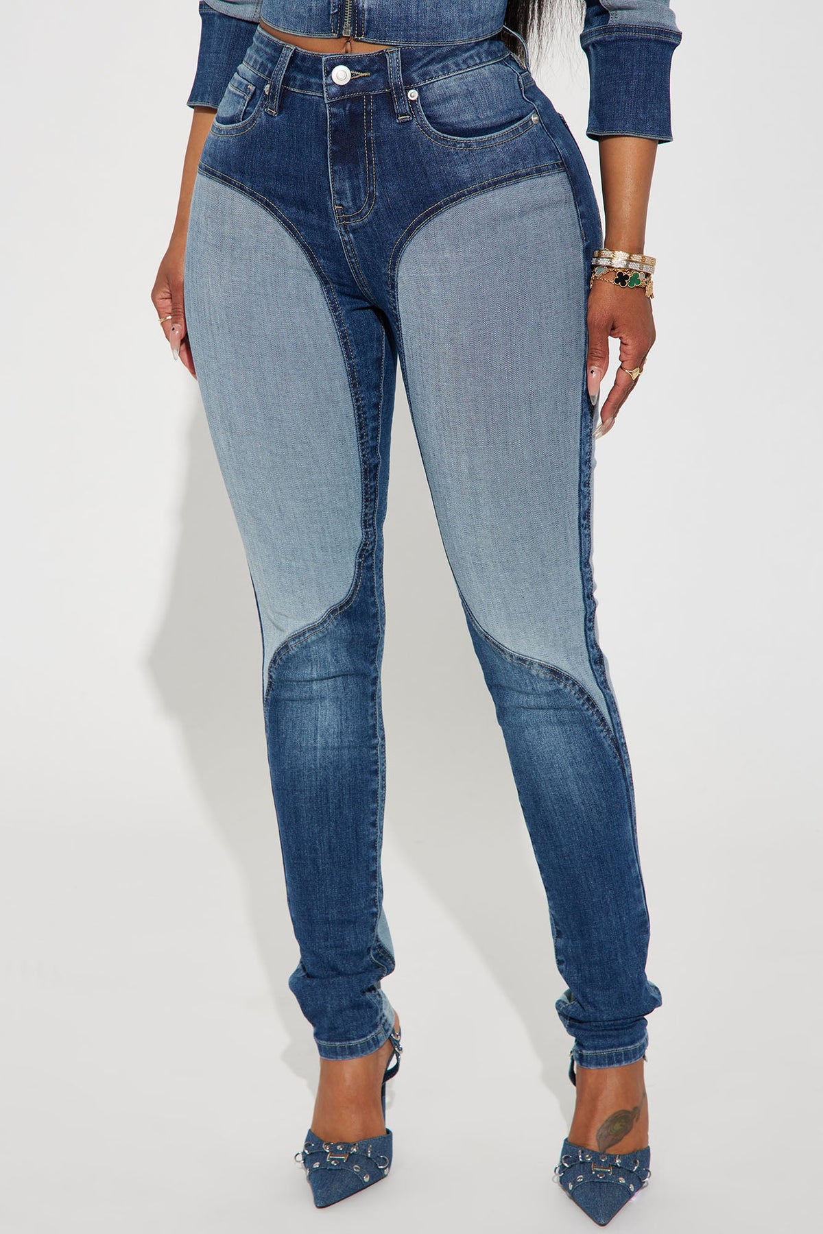 Coronado Two Tone Moto Skinny Jeans - Medium Wash