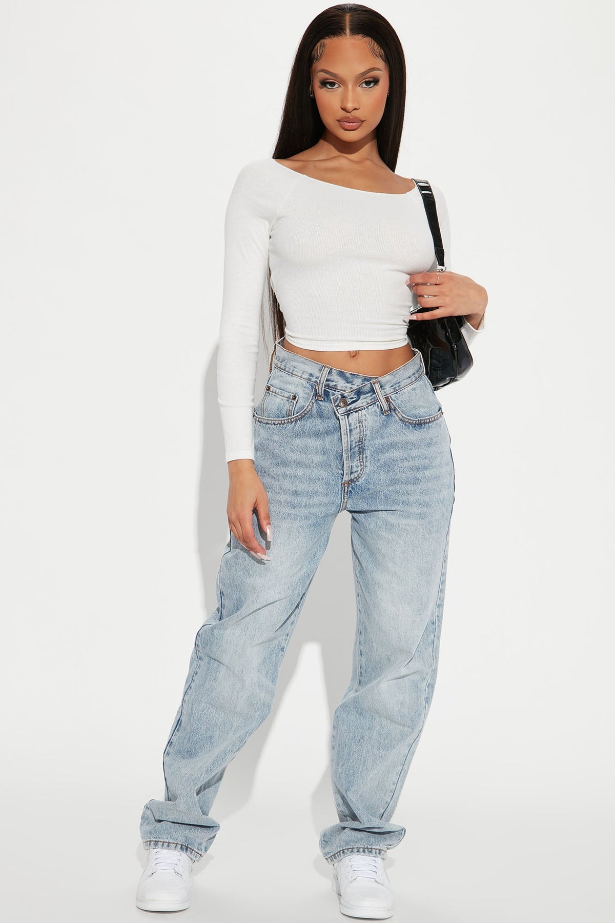 Step Waistband Crossover Jeans - Light Blue Wash