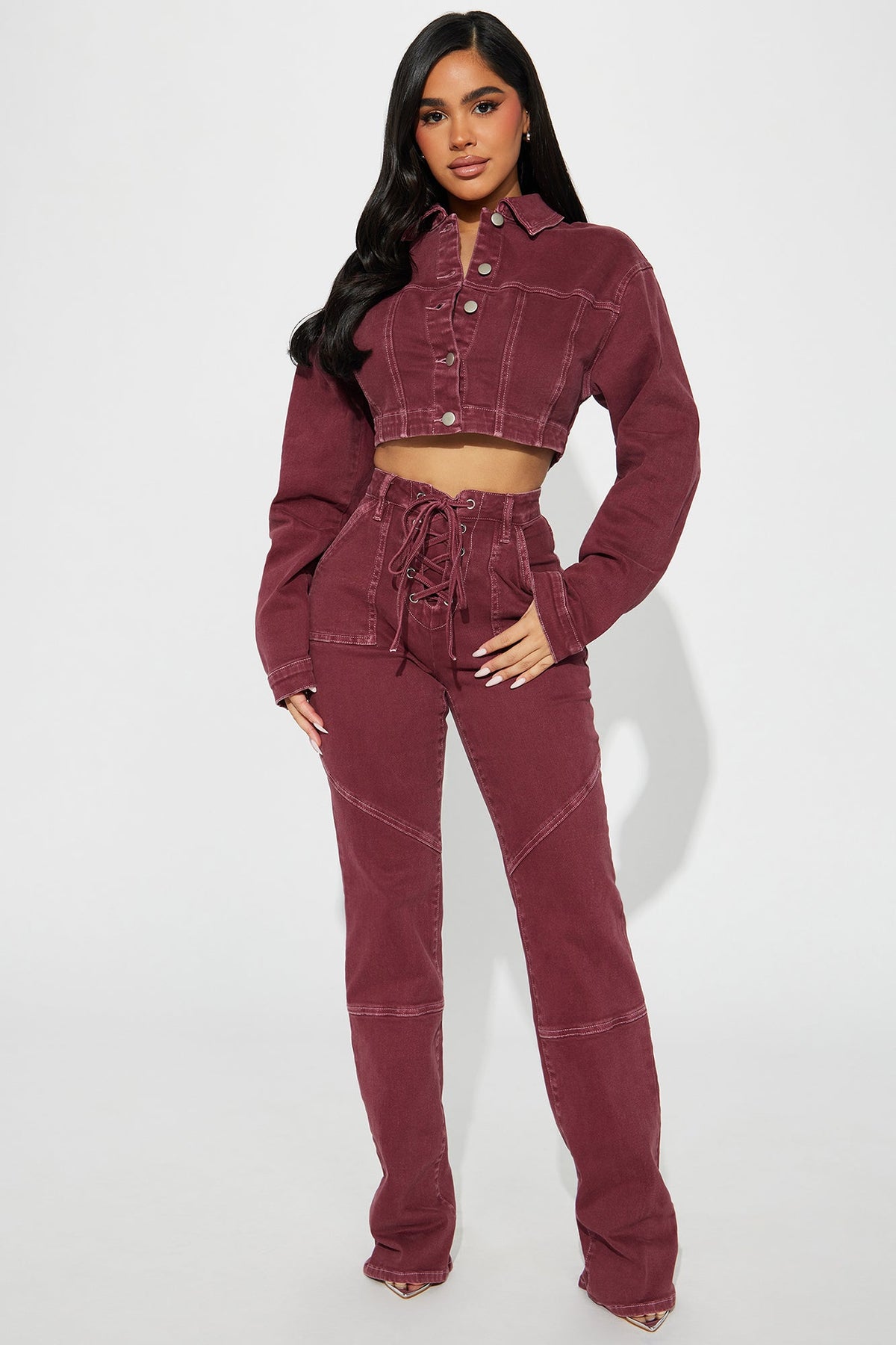 Bordeaux Lace Up Bootcut Jeans - Wine